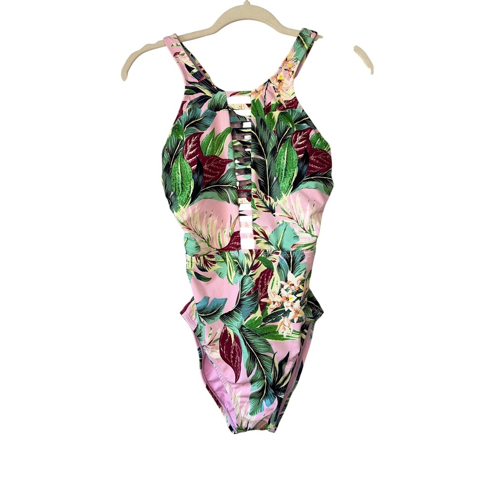 Beach Betty Pink Tropical Palm High Neck Ladder‎ Cutout One Piece Swimsuit Small